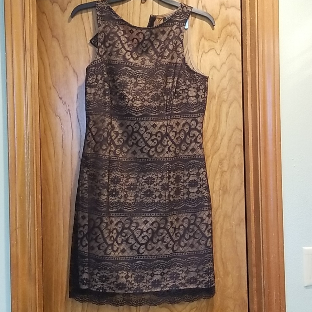 Cocktail dressy black lace dress with  brown lining